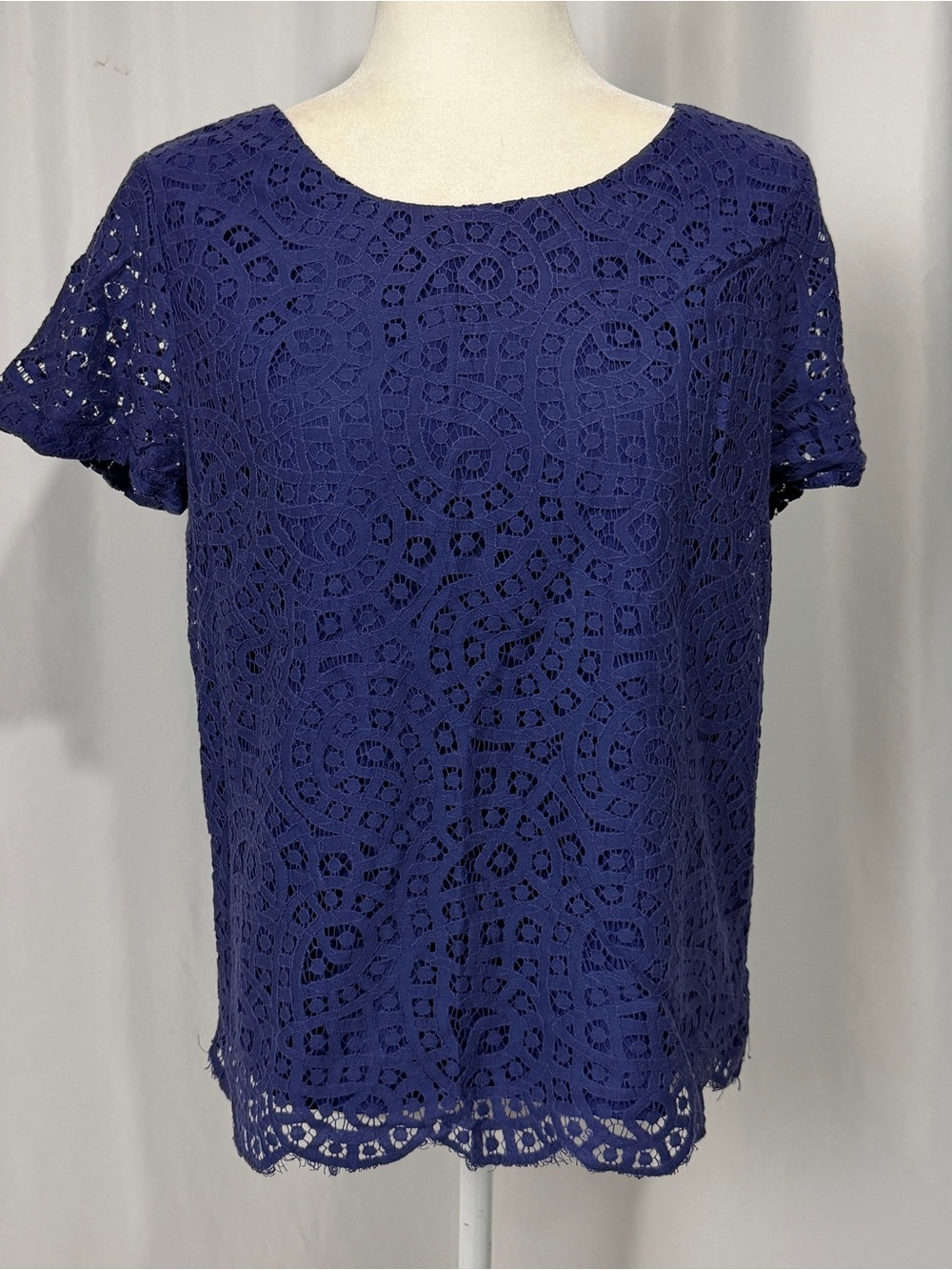 J. Crew Navy Blue Eyelet Lace Short Sleeve Blouse Top Sz 8
